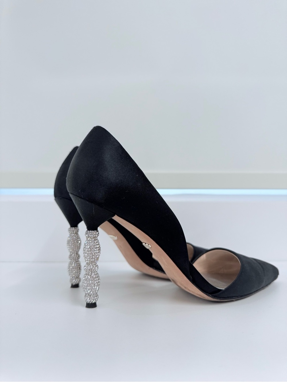 Badgley Mischka Black Satin Pointed Pumps with Crystal-Encrusted Stiletto Heels